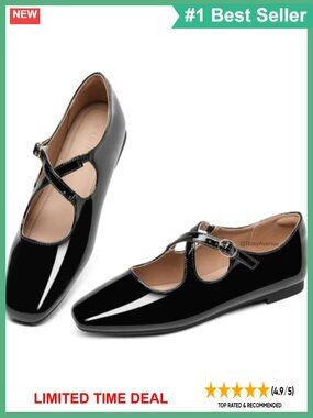 Women's Patent Mary Jane Flats Square Toe Ankle Strap Dress Shoes